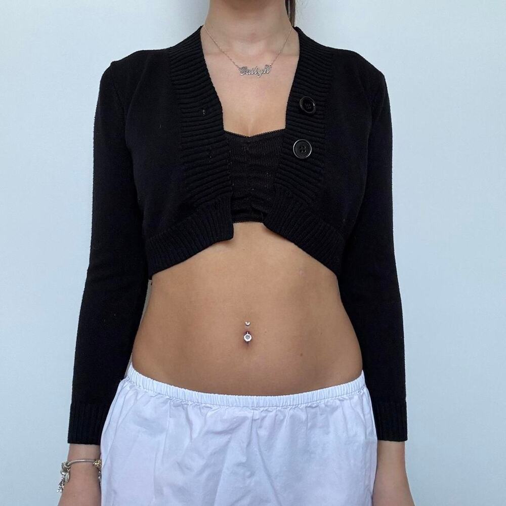 Y2K Black Cropped Cardigan w/ Big Buttons - Picture 3 of 4